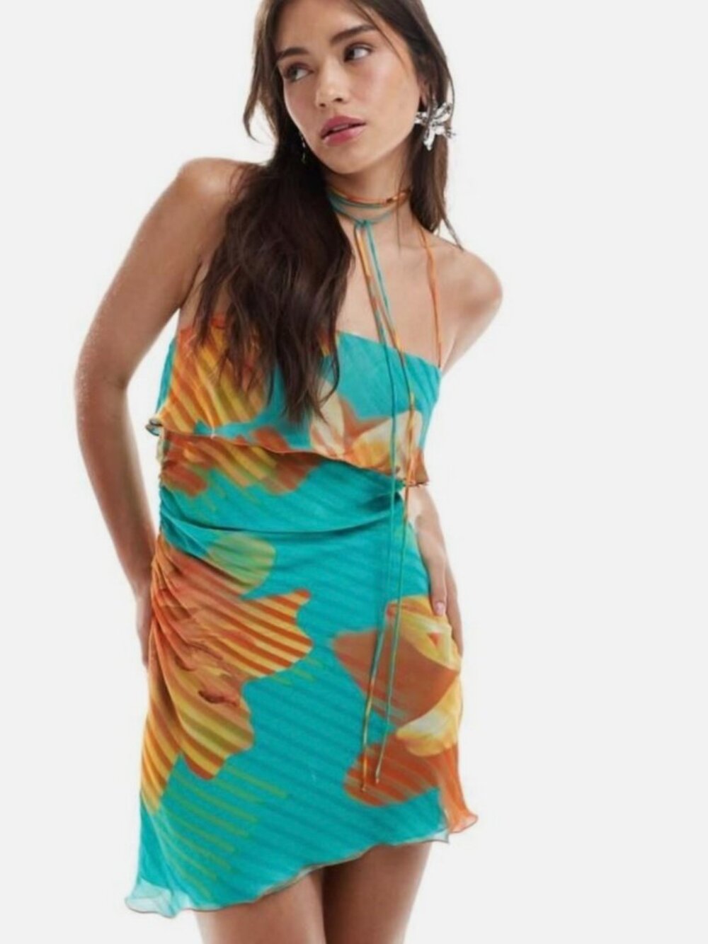 Mango Halterneck Flower Print Mini Dress